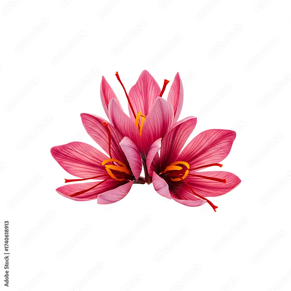 Fototapeta premium Three pink saffron crocus flowers isolated on transparent background