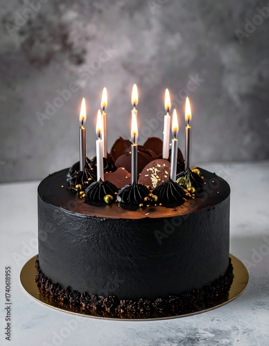 A delicious, elegant dark chocolate cake with lit candles