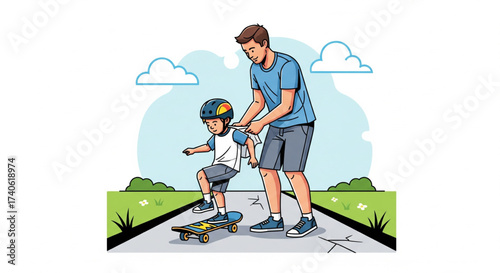 A father teaches his young son to skateboard outdoors on a cracked path, with green bushes and blue sky.