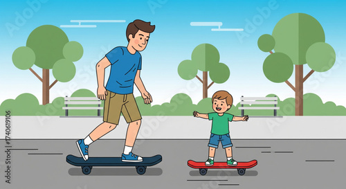 A father and son are skateboarding together in a park, enjoying a sunny day with trees and benches in the background.