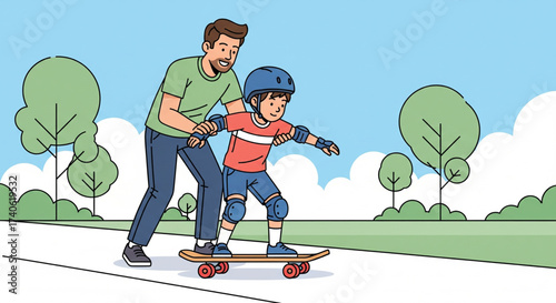 A father is teaching his son how to skateboard in a park on a sunny day.