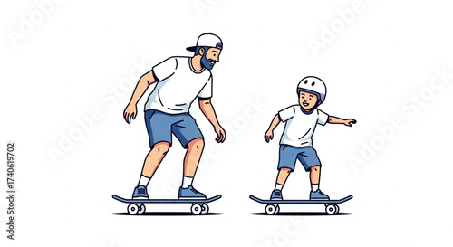 A father and son skateboarding together, the son wearing a helmet for safety.