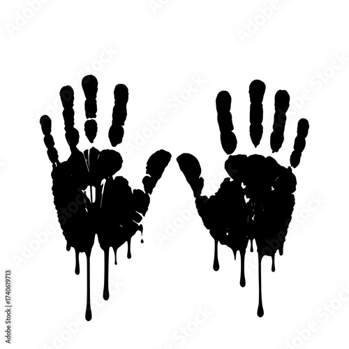 Dramatic vector illustration of two human hand prints in black with dripping paint or fluid, conveying a sense of horror, danger, and mystery. 