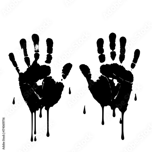 Dramatic vector illustration of two human hand prints in black with dripping paint or fluid, conveying a sense of horror, danger, and mystery. 