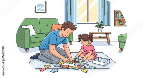 A father and daughter sit on the floor, assembling a jigsaw puzzle together in their living room.