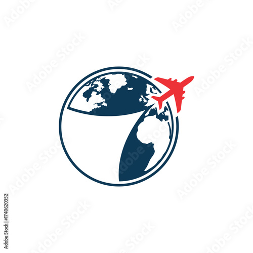 A stylized logo depicting a red airplane flying around a blue globe, representing global travel.