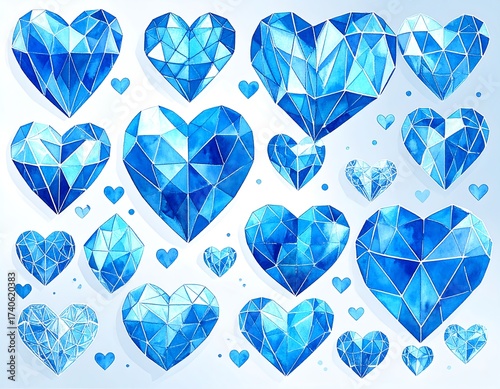 Collection of Blue Geometric Watercolor Hearts