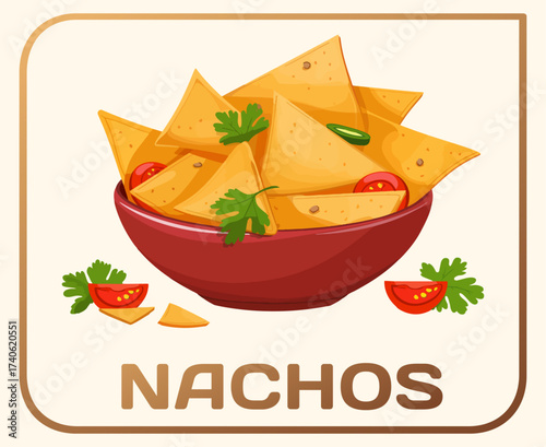 Bowl of nachos, a beloved Mexican snack and versatile dish perfect for lunch, dinner, or casual dining vector icon. Crispy tortilla chips generously topped with fresh tomatoes, cilantro