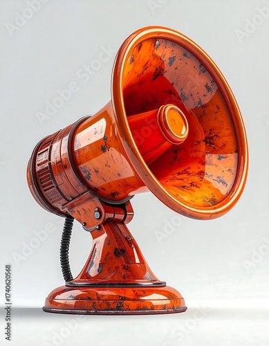 A rusty, orange retro-styled mechanical megaphone
