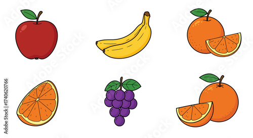 Colorful cartoon illustration featuring apples bananas oranges grapes and citrus