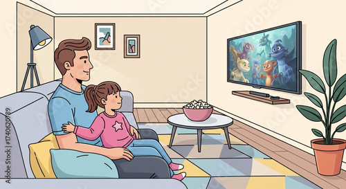 Father and daughter watching a cartoon on TV in a living room, with popcorn on the table.