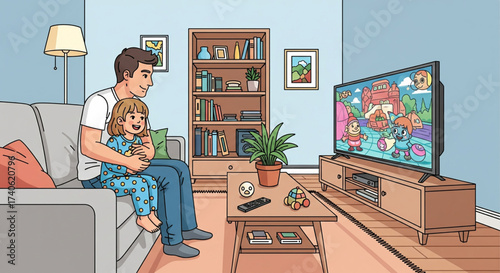 A father and daughter are seated on a couch, watching television together in a cozy living room.