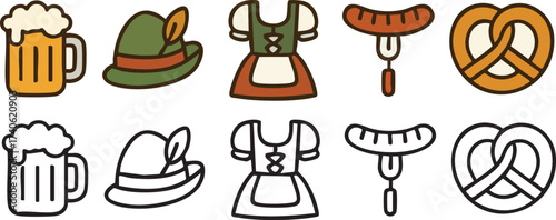 Oktoberfest Icons Set with Beer Hat Dress Sausage and Pretzel.