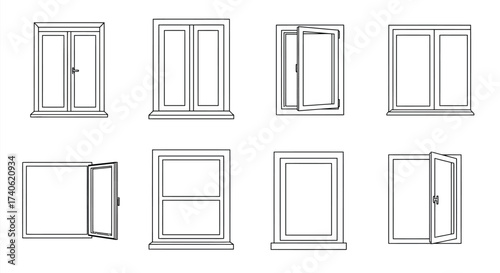Various styles of windows depicted in a simple black and white illustration