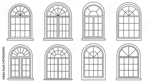 Detailed architectural drawings showcase a variety of arched window designs