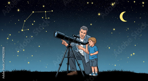 A father and son are observing the night sky through a telescope, with stars and a crescent moon visible.