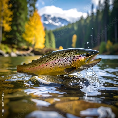 A trout leaps above water, scenic backdrop of autumn and mountains