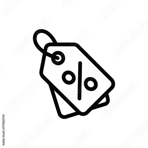 Simple line art icon of two discount price tags with percentage symbol