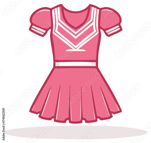 Cartoon Pink Dress with White Stripes, Short Sleeves and Pleated Skirt Illustration