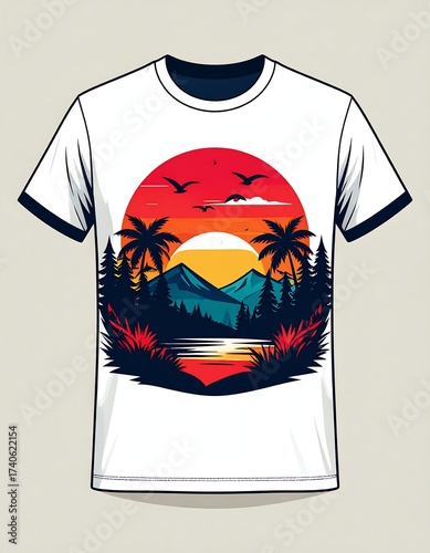 A t-shirt design of a sunset scene with trees, birds, and water