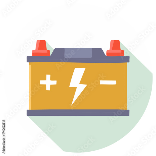 Illustration of a yellow car battery with lightning bolt icon, plus and minus signs