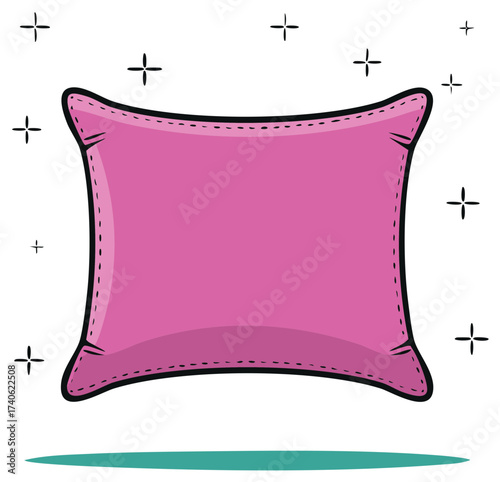 Cartoon illustration of a pink throw pillow with stars around it and a green shadow.