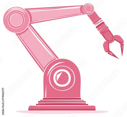 Pink industrial robotic arm with mechanical gripper claw vector illustration for automation technology