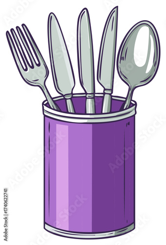 Set of silverware cutlery stored in a purple can, vector illustration.