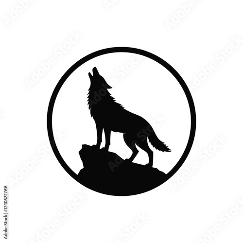 Silhouette of a wolf howling at the moon within a circle