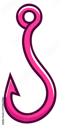 Vibrant pink cartoon style fishing hook illustration for hobby and sport design