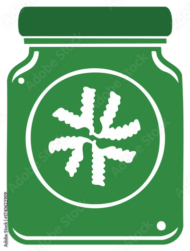 Jar with pasta star shapes, pasta in a glass jar, green container, graphic