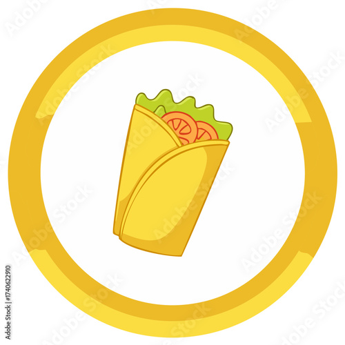 Colorful Cartoon Style Burrito or Shawarma Wrap Icon in a Yellow Circle