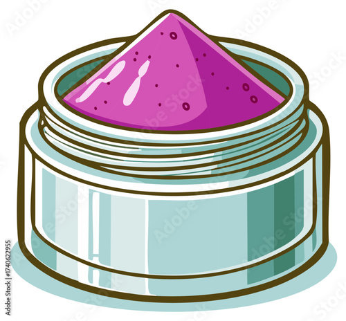 Illustration of a cosmetic cream or powder in a jar with a purple tone and a light blue container.