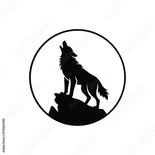 Silhouette of a wolf howling at the moon within a circle