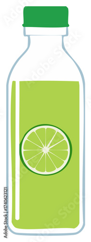 Lime Juice Beverage Bottle Minimalist Illustration with Green Lid and Lime Slice