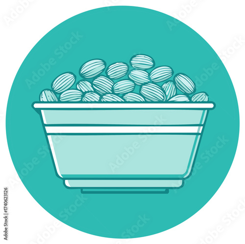Teal Colored Bowl Filled With Healthy Almonds Vector Icon Illustration Design