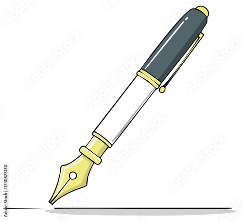 Elegant vector fountain pen drawing a dark line, featuring a golden nib and classic design