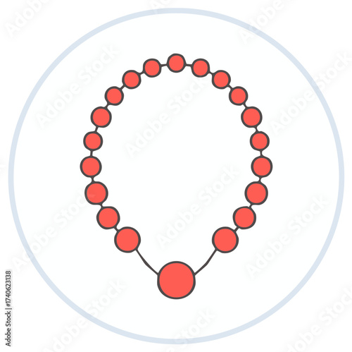 Illustration of a simple beaded necklace, red beads connected with string in a circular pattern, jewelry art