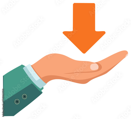 Hand receiving an orange downward pointing arrow for decrease or loss