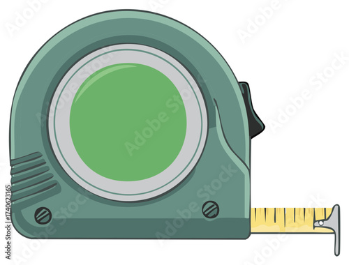 Cartoon illustration of a green measuring tape tool with yellow tape measure extended