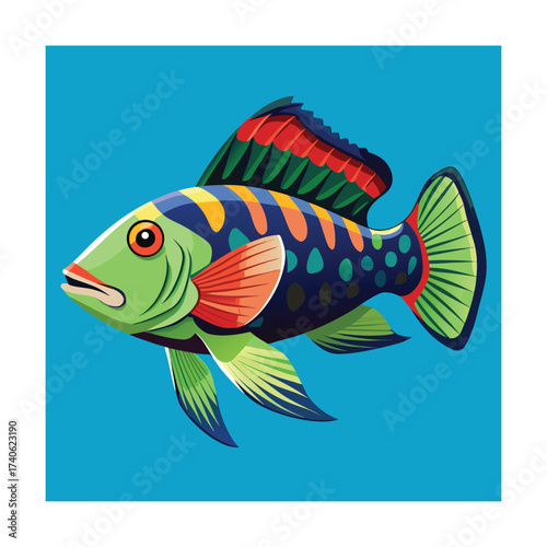Green Cichlid Fish Illustration on Blue Background Keywords: fish, cichlid, aquarium, tropical
