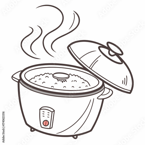 Cartoon illustration of a steaming rice cooker with its lid open revealing freshly cooked rice inside perfect for culinary themes