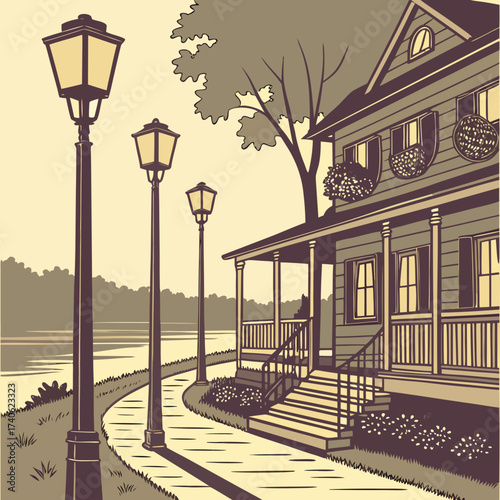 Charming victorian house with a wrap around porch and gas lamps lining a scenic waterfront path