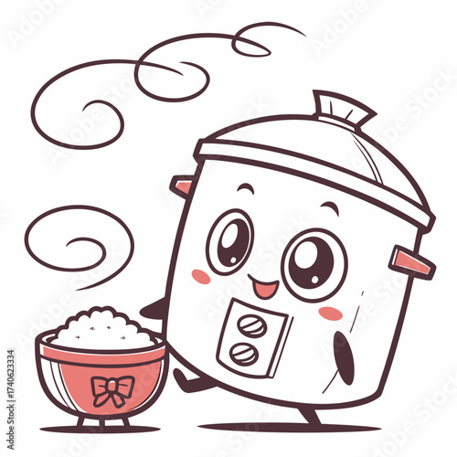 Cute cartoon rice cooker character happily presenting a bowl of freshly cooked rice with steam swirling around