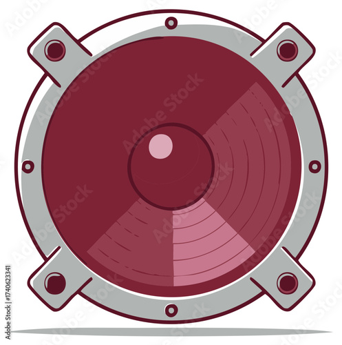 Vibrant maroon audio speaker with stylized sound waves illustration