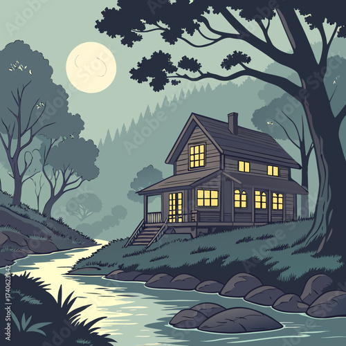 Cozy wooden cabin nestled by a flowing river under a full moon in a serene forest landscape