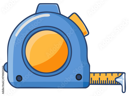 Cartoon Illustration of Blue and Yellow Retractable Measuring Tape for Construction and DIY Projects