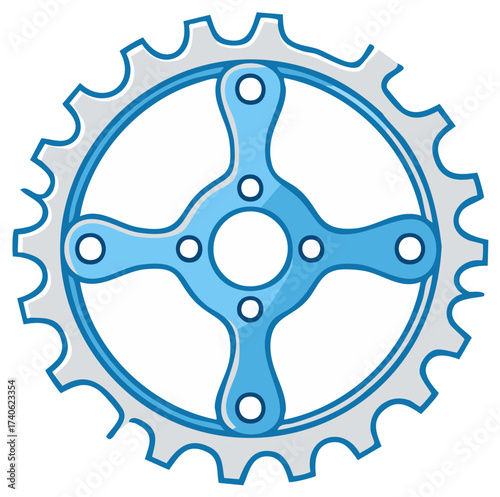 Vibrant Illustration of a Blue and Silver Bicycle Chainring with Intricate Design, Perfect for Cycling and Fitness Concepts
