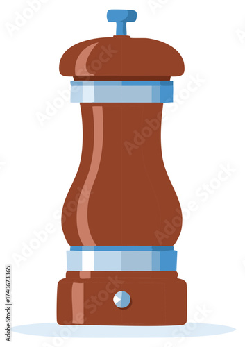 Pepper mill spice grinder illustration. Brown mill for spice grinding with blue accents. Culinary seasoning preparation equipment art