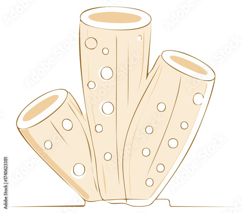 Group of light brown tubular sea sponges with circular openings